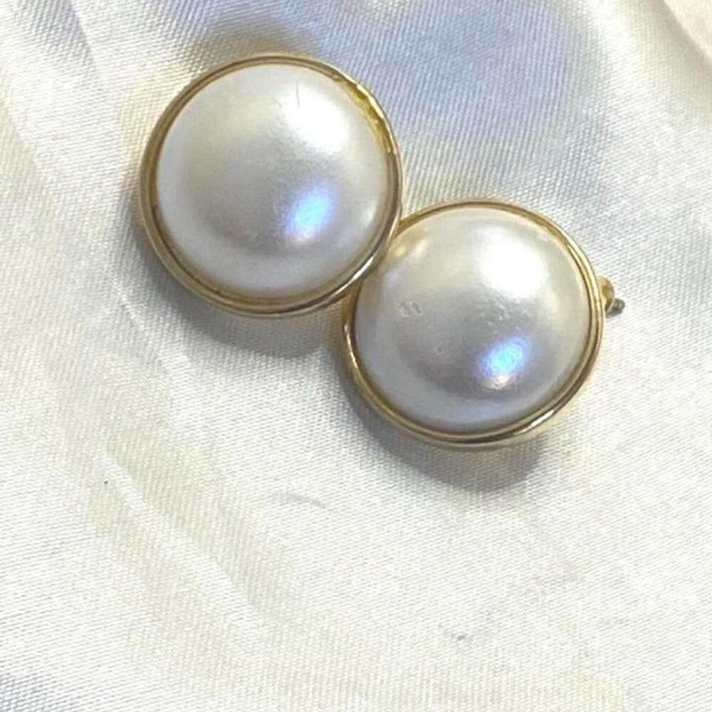 Vintage Oversized Faux Pearl Stud Earrings Gold Tone 1980s Large Button Earrings